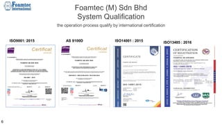 Foamtec (M) Sdn Bhd
System Qualification
the operation process qualify by international certification
ISO9001: 2015 AS 9100D
6
ISO14001 : 2015 ISO13485 : 2016
 