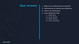 Qué veremos
2
1. ¿Qué son las notificaciones de inserción?
2. Notificaciones de inserción por plataforma
3. Centros de notificaciones
4. Azure Notification Hubs
4.1.- DEMO básica
4.2.- Uso de etiquetas
4.3.- DEMO: etiquetas
4.4.- Otras características
 