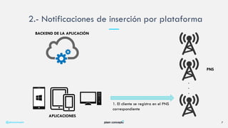 2.- Notificaciones de inserción por plataforma
@plainconcepts 7
BACKEND DE LA APLICACIÓN
APLICACIONES
PNS
.
.
.
1. El cliente se registra en el PNS
correspondiente
 