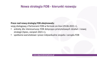 Nowa	strategia	FOB	-	kierunki	rozwoju
Prace	nad	nową	strategią	FOB	obejmowały:	
sesję	dialogową	z	Partnerami	FOB	w	formule	on-line	(29.06.2021	r.),	
• ankietę	dla	interesariuszy	FOB	dotycząca	priorytetowych	działań	i	nowej	
strategii	(lipiec,	sierpień	2021	r.),	
• spotkania	warsztatowe	i	prace	indywidualne	zespołu	i	zarządu	FOB
 