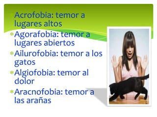 Acrofobia: temor a
lugares altos
Agorafobia: temor a
lugares abiertos
Ailurofobia: temor a los
gatos
Algiofobia: temor al
dolor
Aracnofobia: temor a
las arañas
 