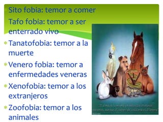 Sito fobia: temor a comer
Tafo fobia: temor a ser
enterrado vivo
Tanatofobia: temor a la
muerte
Venero fobia: temor a
enfermedades veneras
Xenofobia: temor a los
extranjeros
Zoofobia: temor a los
animales
 