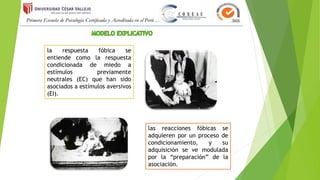 la respuesta fóbica se
entiende como la respuesta
condicionada de miedo a
estímulos previamente
neutrales (EC) que han sido
asociados a estímulos aversivos
(EI).
las reacciones fóbicas se
adquieren por un proceso de
condicionamiento, y su
adquisición se ve modulada
por la “preparación” de la
asociación.
 