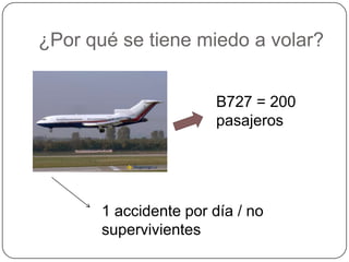¿Por qué se tiene miedo a volar?


                       B727 = 200
                       pasajeros




       1 accidente por día / no
       supervivientes
 