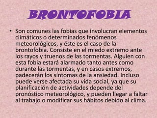 BRONTOFOBIASon comunes las fobias que involucran elementos climáticos o determinados fenómenos meteorológicos, y éste es el caso de la brontofobia. Consiste en el miedo extremo ante los rayos y truenos de las tormentas. Alguien con esta fobia estará alarmado tanto antes como durante las tormentas, y en casos extremos, padecerán los síntomas de la ansiedad. Incluso puede verse afectada su vida social, ya que su planificación de actividades depende del pronóstico meteorológico, y pueden llegar a faltar al trabajo o modificar sus hábitos debido al clima. 