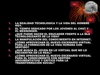 LA REALIDAD TECNOLOGICA Y LA VIDA DEL HOMBRE HOY.  EL TIEMPO DEDICADO POR LOS JOVENES AL CHAT Y EL MESSENGER. ¿QUÉ PUEDE HACER EL EDUCADOR FRENTE A LA OLA TECNOLOGIZANTE DE LA VIDA? LA MANIPULACIÓN DEL CONOCIMIENTO EN INTERNET. ¿CÓMO APROVECHAR EL NUEVO ESCENARIO VIRTUAL PARA LA FORMACIÓN DE LA VIDA HUMANA CON SENTIDO? ¿QUÉ BUSCA EL JOVEN EN LO VIRTUAL QUE NO LO ENCUENTRA EN LO REAL? ¿CÓMO APROVECHAR EL NUEVO ESCENARIO VIRTUAL PARA EL CONOCIMIENTO CON SENTIDO ARGUMENTATIVO Y CRÍTICO PARA LA TRANSFORMACIÓN SOCIAL? 