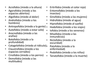 • Acrofobia (miedo a la altura)
• Agorafobia (miedo a los
espacios abiertos)
• Algofobia (miedo al dolor)
• Androfobia (miedo a los
hombres)
• Antropofobia (miedo a la gente)
• Autofobia (miedo a estar solo)
• Aracnofobia (miedo a las
arañas)
• Batofobia (miedo a la
profundidad)
• Catagelofobia (miedo al ridículo)
• Claustrofobia (miedo a los
espacios cerrados)
• Cinofobia (miedo a los perros)
• Demofobia (miedo a las
multitudes)
• Eritrifobia (miedo al color rojo)
• Entomofobia (miedo a los
insectos)
• Ginofobia (miedo a las mujeres)
• Hidrofobia (miedo al agua)
• Hipnofobia (miedo al sueño)
• Hodofobia (miedo a los viajes)
• Iofobia (miedo a los venenos)
• Misofobia (miedo a las
inmundicias)
• Nictofobia (miedo a la
oscuridad)
• Patofobia (miedo a la
enfermedad)
• Pedofobia (miedo a los niños)
• Tanatofobia (miedo a la muerte)
 