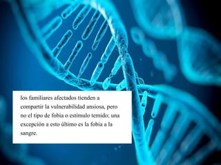 los familiares afectados tienden a
compartir la vulnerabilidad ansiosa, pero
no el tipo de fobia o estímulo temido; una
excepción a esto último es la fobia a la
sangre.
 