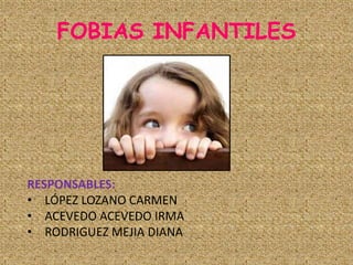 FOBIAS INFANTILES




RESPONSABLES:
• LÓPEZ LOZANO CARMEN
• ACEVEDO ACEVEDO IRMA
• RODRIGUEZ MEJIA DIANA
 