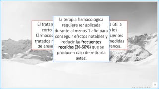 Contoso
C o n j u n t o s d e
a p l i c a c i o n e s
19
El tratamiento farmacológico de la FS es útil a
corto plazo o mientras se toma y, con los
fármacos más eficaces, el 65% de los pacientes
tratados mejoran significativamente en medidas
de ansiedad social, depresión e interferencia.
la terapia farmacológica
requiere ser aplicada
durante al menos 1 año para
conseguir efectos notables y
reducir las frecuentes
recaídas (30-60%) que se
producen caso de retirarla
antes.
 