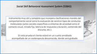 Contoso
C o n j u n t o s d e
a p l i c a c i o n e s
39
Social Skill Behavioral Assessment System (SSBAS)
Instrumento muy útil y completo que incorpora clasificaciones morales del
comportamiento social como la evaluación de veintiún tipos de conductas
moleculares (actos sociales específicos o síntomas de ansiedad como el
contacto visual, mirada fija, latencia de respuesta y duración, contenido del
discurso, etc.).
En esta prueba el cliente estará en un cuarto amoblado
acompañado de un cooterapeuta desconocido, donde será grabado.
 