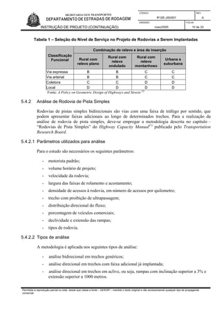 CÓDIGO REV.
IP-DE-J00/001 A
EMISSÃO FOLHA
INSTRUÇÃO DE PROJETO (CONTINUAÇÃO) maio/2005 10 de 33
Tabela 1 – Seleção do Nível de Serviço no Projeto de Rodovias a Serem Implantadas
Combinação de relevo e área de inserção
Classificação
Funcional Rural com
relevo plano
Rural com
relevo
ondulado
Rural com
relevo
montanhoso
Urbana e
suburbana
Via expressa B B C C
Via arterial B B C C
Coletora C C D D
Local D D D D
Fonte: A Policy on Geometric Design of Highways and Streets (2)
5.4.2 Análise de Rodovia de Pista Simples
Rodovias de pistas simples bidirecionais são vias com uma faixa de tráfego por sentido, que
podem apresentar faixas adicionais ao longo de determinados trechos. Para a realização da
análise de rodovia de pista simples, deve-se empregar a metodologia descrita no capítulo –
“Rodovias de Pista Simples” do Highway Capacity Manual(1)
publicado pelo Transportation
Research Board.
5.4.2.1 Parâmetros utilizados para análise
Para o estudo são necessários os seguintes parâmetros:
- motorista padrão;
- volume horário de projeto;
- velocidade da rodovia;
- largura das faixas de rolamento e acostamento;
- densidade de acessos à rodovia, em número de acessos por quilometro;
- trecho com proibição de ultrapassagem;
- distribuição direcional do fluxo;
- porcentagem de veículos comerciais;
- declividade e extensão das rampas;
- tipos de rodovia.
5.4.2.2 Tipos de análise
A metodologia é aplicada nos seguintes tipos de análise:
- análise bidirecional em trechos genéricos;
- análise direcional em trechos com faixa adicional já implantada;
- análise direcional em trechos em aclive, ou seja, rampas com inclinação superior a 3% e
extensão superior a 1000 metros.
Permitida a reprodução parcial ou total, desde que citada a fonte – DER/SP – mantido o texto original e não acrescentando qualquer tipo de propaganda
comercial.
 