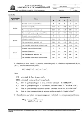 CÓDIGO REV.
IP-DE-J00/001 A
EMISSÃO FOLHA
INSTRUÇÃO DE PROJETO (CONTINUAÇÃO) maio/2005 17 de 33
/conclusão
Nível de Serviço
Velocidade de
fluxo livre
Critério
A B C D E
Densidade máxima (veículos/km/faixa) 7 11 16 22 26
Velocidade média (km/h) 90,0 90,0 89,8 84,7 80,8
Taxa máxima volume / capacidade (v/c) 0,30 0,47 0,68 0,89 1,00
90 km/h
Taxa máxima de fluxo de serviço (veículos/h/faixa) 630 990 1435 1860 2100
Densidade máxima (veículos/km/faixa) 7 11 16 22 27
Velocidade média (km/h) 80,0 80 80 77,6 74,1
Taxa máxima volume / capacidade (v/c) 0,28 0,44 0,64 0,85 1,00
80 km/h
Taxa máxima de fluxo de serviço (veículos/h/faixa) 560 880 1280 1705 2000
Densidade máxima (veículos/km/faixa) 7 11 16 22 28
Velocidade média (km/h) 70,0 70,0 70,0 69,6 67,9
Taxa máxima volume / capacidade (v/c) 0,26 0,41 0,59 0,81 1,00
70 km/h
Taxa máxima de fluxo de serviço (veículos/h/faixa) 490 770 1120 1530 1900
A velocidade de fluxo livre (FFS) pode ser estimada a partir da velocidade regulamentada da via
(BFFS), através da seguinte equação:
AMLCLW FFFFBFFSFFS −−−−= ;
Onde:
FFS: velocidade de fluxo livre em km/h;
BFFS: velocidade básica de fluxo livre em km/h;
FLW: fator de ajuste para largura de faixa, conforme tabela 21-4 do HCM 2000(1)
;
FLC: fator de ajuste para largura de acostamento, conforme tabela 21-5 do HCM 2000(1)
;
FM: fator de ajuste para tipo de canteiro central, conforme tabela 21-6 do HCM 2000(1)
;
FA: fator de ajuste para densidade de acessos, conforme tabela 21-7 doHCM2000(1)
.
O volume horário equivalente em veículos de passeio é calculado por meio da seguinte fórmula:
phv
eq
ffNFPH
VHP
VHP
×××
= ;
Permitida a reprodução parcial ou total, desde que citada a fonte – DER/SP – mantido o texto original e não acrescentando qualquer tipo de propaganda
comercial.
 