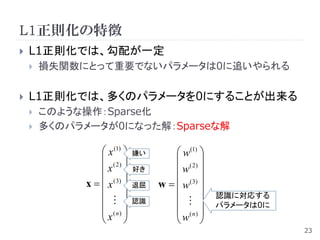 L1正則化の特徴
   L1正則化では、勾配が一定
       損失関数にとって重要でないパラメータは0に追いやられる

   L1正則化では、多くのパラメータを0にすることが出来る
       このような操作：Sparse化
       多くのパラメータが0になった解：Sparseな解

                  x (1)     嫌い        w(1) 
                  ( 2)                ( 2) 
                 x          好き       w 
             x   x ( 3)    退屈   w   w ( 3) 
                                                認識に対応する
                           認識                 パラメータは0に
                  (n)                 (n) 
                 x                   w 
                                                               23
 