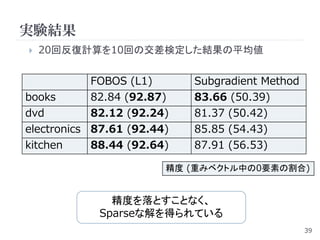 実験結果
   20回反復計算を10回の交差検定した結果の平均値


           FOBOS (L1)       Subgradient Method
books      82.84 (92.87)    83.66 (50.39)
dvd         82.12 (92.24)   81.37 (50.42)
electronics 87.61 (92.44)   85.85 (54.43)
kitchen     88.44 (92.64)   87.91 (56.53)

                        精度 (重みベクトル中の0要素の割合)


              精度を落とすことなく、
            Sparseな解を得られている
                                                 39
 