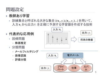 問題設定
   教師あり学習
       訓練集合と呼ばれる大きな集合 {( x1 , y1 ), (x 2 , y2 )...} を用いて、
        入力 x i から出力 yi を正確に予測する学習器を作成する技術
                                  入力: x i
                                                      出力: yi
   代表的な応用例
       回帰問題                                          将来の株価
           株価推定
       分類問題
           メールフィルタリング
           画像認識              入力: x i         電子メール
           評価分類

                                        プライ    仕事      スパ
                         出力: yi
                                        ベート             ム
                                                               5
 