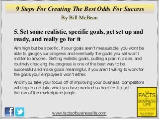 By Bill McBean
www.factsofbusinesslife.com
9 Steps For Creating The Best Odds For Success
5. Set some realistic, specific goals, get set up and
ready, and really go for it
Aim high but be speciﬁc. If your goals aren’t measurable, you wont be
able to gauge your progress and eventually the goals you set won’t
matter to anyone. Setting realistic goals, putting a plan in place, and
routinely checking the progress is one of the best way to be
successful and make goals meaningful, if you aren’t willing to work for
the goals your employee’s won’t either.
And if you take your focus off of improving your business, competitors
will step in and take what you have worked so hard for. Its just
the law of the marketplace jungle.
 