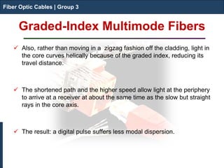 Fiber Optic Cables | Group 3 
Graded-Index Multimode Fibers 
Fiber Optic Cables | Group 3 
 
Also, rather than moving in a zigzag fashion off the cladding, light in the core curves helically because of the graded index, reducing its travel distance. 
 
The shortened path and the higher speed allow light at the periphery to arrive at a receiver at about the same time as the slow but straight rays in the core axis. 
 
The result: a digital pulse suffers less modal dispersion.  