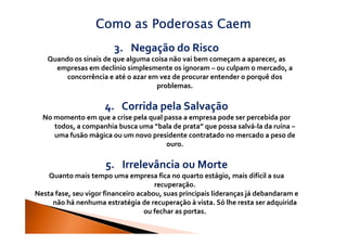 Como as Poderosas Caem
                        3. Negação do Risco
   Quando os sinais de que alguma coisa não vai bem começam a aparecer, as
     empresas em declínio simplesmente os ignoram – ou culpam o mercado, a
        concorrência e até o azar em vez de procurar entender o porquê dos
                                    problemas.

                      4. Corrida pela Salvação
  No momento em que a crise pela qual passa a empresa pode ser percebida por
     todos, a companhia busca uma “bala de prata” que possa salvá-la da ruína –
     uma fusão mágica ou um novo presidente contratado no mercado a peso de
                                       ouro.

                      5. Irrelevância ou Morte
    Quanto mais tempo uma empresa fica no quarto estágio, mais difícil a sua
                                      recuperação.
Nesta fase, seu vigor financeiro acabou, suas principais lideranças já debandaram e
     não há nenhuma estratégia de recuperação à vista. Só lhe resta ser adquirida
                                   ou fechar as portas.
 