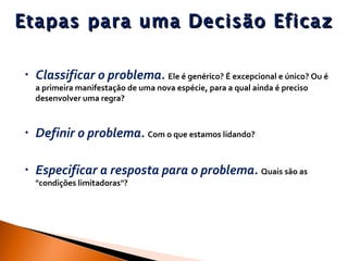 Etapas para uma Decisão Eficaz Classificar o problema .  Ele é genérico? É excepcional e único? Ou é a primeira manifestação de uma nova espécie, para a qual ainda é preciso desenvolver uma regra?  Definir o problema .  Com o que estamos lidando?  Especificar a resposta para o problema .  Quais são as "condições limitadoras"?  