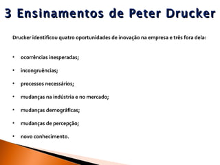 3 Ensinamentos de Peter Drucker Drucker identificou quatro oportunidades de inovação na empresa e três fora dela:  ocorrências inesperadas; incongruências; processos necessários; mudanças na indústria e no mercado; mudanças demográficas; mudanças de percepção; novo conhecimento. 