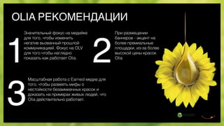 OLIA РЕКОМЕНДАЦИИ
1 2
3
Значительный фокус на медийке
для того, чтобы изменить
негатив вызванный прошлой
коммуникацией. Фокус на OLV
для того чтобы наглядно
показать как работает Olia.
При размещении
баннеров - акцент на
более премиальные
площадки, из-за более
высокой цены красок
Olia
Масштабная работа с Earned медиа для
того, чтобы развеять мифы о
нестойкости безаммиачных красок и
доказать на примерах живых людей, что
Olia действительно работает.
 