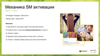 Механика SM активации
Платформа: Instagram + Вконтакте
Периуд: март - апрель 2016
Механика:
1) Сделай фото, где хорошо видны твои красивые волосы
2) Размести фото с хаштегом #украшениемоихволос в соцсети
3) «Накопи» лайки;
4) Приходи в бутик украшений для твоих волос от Garnier;
5) «Оплати» лайками наборы красок для волос Color Sensation.
Идея 1 этап 2
 