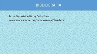 BIBLIOGRAFIA
• https://pt.wikipedia.org/wiki/Foca
• www.suapesquisa.com/mundoanimal/foca.htm
 