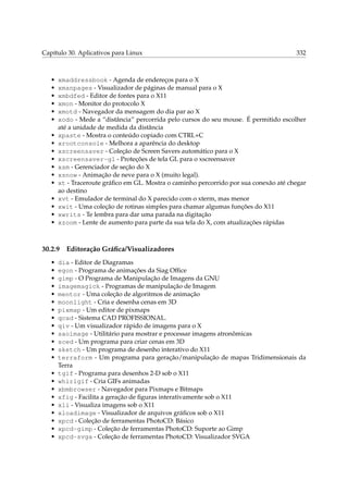 Capítulo 30. Aplicativos para Linux

•
•
•
•
•
•
•
•
•
•
•
•
•
•
•
•
•

xmaddressbook - Agenda de endereços para o X
xmanpages - Visualizador de páginas de manual para o X
xmbdfed - Editor de fontes para o X11
xmon - Monitor do protocolo X
xmotd - Navegador da mensagem do dia par ao X
xodo - Mede a “distância” percorrida pelo cursos do seu mouse. É permitido escolher
até a unidade de medida da distância
xpaste - Mostra o conteúdo copiado com CTRL+C
xrootconsole - Melhora a aparência do desktop
xscreensaver - Coleção de Screen Savers automático para o X
xscreensaver-gl - Proteções de tela GL para o xscreensaver
xsm - Gerenciador de seção do X
xsnow - Animação de neve para o X (muito legal).
xt - Traceroute gráﬁco em GL. Mostra o caminho percorrido por sua conexão até chegar
ao destino
xvt - Emulador de terminal do X parecido com o xterm, mas menor
xwit - Uma coleção de rotinas simples para chamar algumas funções do X11
xwrits - Te lembra para dar uma parada na digitação
xzoom - Lente de aumento para parte da sua tela do X, com atualizações rápidas

30.2.9
•
•
•
•
•
•
•
•
•
•
•
•
•
•
•
•
•
•
•
•
•
•

332

Editoração Gráﬁca/Visualizadores

dia - Editor de Diagramas
egon - Programa de animações da Siag Ofﬁce
gimp - O Programa de Manipulação de Imagens da GNU
imagemagick - Programas de manipulação de Imagem
mentor - Uma coleção de algoritmos de animação
moonlight - Cria e desenha cenas em 3D
pixmap - Um editor de pixmaps
qcad - Sistema CAD PROFISSIONAL.
qiv - Um visualizador rápido de imagens para o X
saoimage - Utilitário para mostrar e processar imagens atronômicas
sced - Um programa para criar cenas em 3D
sketch - Um programa de desenho interativo do X11
terraform - Um programa para geração/manipulação de mapas Tridimensionais da
Terra
tgif - Programa para desenhos 2-D sob o X11
whirlgif - Cria GIFs animadas
xbmbrowser - Navegador para Pixmaps e Bitmaps
xfig - Facilita a geração de ﬁguras interativamente sob o X11
xli - Visualiza imagens sob o X11
xloadimage - Visualizador de arquivos gráﬁcos sob o X11
xpcd - Coleção de ferramentas PhotoCD: Básico
xpcd-gimp - Coleção de ferramentas PhotoCD: Suporte ao Gimp
xpcd-svga - Coleção de ferramentas PhotoCD: Visualizador SVGA

 