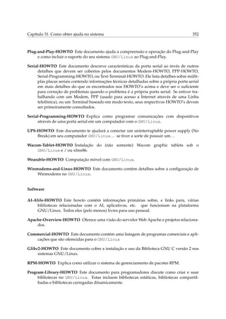 Capítulo 31. Como obter ajuda no sistema

352

Plug-and-Play-HOWTO Este documento ajuda a compreensão e operação do Plug-and-Play
e como incluir o suporte do seu sistema GNU/Linux ao Plug-and-Play.
Serial-HOWTO Este documento descreve características da porta serial ao invés de outros
detalhes que devem ser cobertos pelos documentos Modem-HOWTO, PPP-HOWTO,
Serial-Programming-HOWTO, ou Text-Terminal-HOWTO. Ele lista detalhes sobre múltiplas placas seriais contendo informações técnicas detalhadas sobre a própria porta serial
em mais detalhes do que os encontrados nos HOWTO’s acima e deve ser o suﬁciente
para correção de problemas quando o problema é a própria porta serial. Se estiver trabalhando com um Modem, PPP (usado para acesso a Internet através de uma Linha
telefônica), ou um Terminal baseado em modo texto, seus respectivos HOWTO’s devem
ser primeiramente consultados.
Serial-Programming-HOWTO Explica como programar comunicações com dispositivos
através de uma porta serial em um computador com o GNU/Linux.
UPS-HOWTO Este documento te ajudará a conectar um uninterruptable power supply (No
Break) em seu computador GNU/Linux. . . se tiver a sorte de possuir um. . .
Wacom-Tablet-HOWTO Instalação do (não somente) Wacom graphic tablets sob o
GNU/Linux e / ou xfree86.
Wearable-HOWTO Computação móvel com GNU/Linux.
Winmodems-and-Linux-HOWTO Este documento contém detalhes sobre a conﬁguração de
Winmodems no GNU/Linux.

Software
AI-Alife-HOWTO Este howto contém informações primárias sobre, e links para, várias
bibliotecas relacionadas com o AI, aplicativos, etc. que funcionam na plataforma
GNU/Linux. Todos eles (pelo menos) livres para uso pessoal.
Apache-Overview-HOWTO Oferece uma visão do servidor Web Apache e projetos relacionados.
Commercial-HOWTO Este documento contém uma listagem de programas comerciais e aplicações que são oferecidas para o GNU/Linux
Glibc2-HOWTO Este documento cobre a instalação e uso da Biblioteca GNU C versão 2 nos
sistemas GNU/Linux.
RPM-HOWTO Explica como utilizar o sistema de gerenciamento de pacotes RPM.
Program-Library-HOWTO Este documento para programadores discute como criar e usar
bibliotecas no GNU/Linux. Estas incluem bibliotecas estáticas, bibliotecas compartilhadas e bibliotecas carregadas dinamicamente.

 