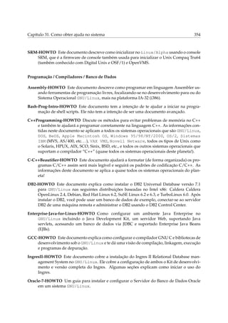 Capítulo 31. Como obter ajuda no sistema

354

SRM-HOWTO Este documento descreve como inicializar no Linux/Alpha usando o console
SRM, que é a ﬁrmware de console também usada para inicializar o Unix Compaq Tru64
(também conhecido com Digital Unix e OSF/1) e OpenVMS.
Programação / Compiladores / Banco de Dados
Assembly-HOWTO Este documento descreve como programar em linguagem Assembler usando ferramentas de programação livres, focalizando-se no desenvolvimento para ou do
Sistema Operacional GNU/Linux, mais na plataforma IA-32 (i386).
Bash-Prog-Intro-HOWTO Este documento tem a intenção de te ajudar a iniciar na programação de shell scripts. Ele não tem a intenção de ser uma documento avançado.
C++Programming-HOWTO Discute os métodos para evitar problemas de memória no C++
e também te ajudará a programar corretamente na linguagem C++. As informações contidas neste documento se aplicam a todos os sistemas operacionais que são GNU/Linux,
DOS, BeOS, Apple Macintosh OS, Windows 95/98/NT/2000, OS/2, Sistemas
IBM (MVS, AS/400, etc. . . ), VAX VMS, Novell Netware, todos os tipos de Unix como
o Solaris, HPUX, AIX, SCO, Sinix, BSD, etc., e todos os outros sistemas operacionais que
suportam o compilador “C++” (quase todos os sistemas operacionais deste planeta!).
C-C++Beautiﬁer-HOWTO Este documento ajudará a formatar (de forma organizada) os programas C/C++ assim será mais legível e seguirá os padrões de codiﬁcação C/C++. As
informações deste documento se aplica a quase todos os sistemas operacionais do planeta!
DB2-HOWTO Este documento explica como instalar o DB2 Universal Database versão 7.1
para GNU/Linux nas seguintes distribuições baseadas no Intel x86: Caldera Caldera
OpenLinux 2.4, Debian, Red Hat Linux 6.2, SuSE Linux 6.2 e 6.3, e TurboLinux 6.0. Após
instalar o DB2, você pode usar um banco de dados de exemplo, conectar-se ao servidor
DB2 de uma máquina remota e administrar o DB2 usando o DB2 Control Center.
Enterprise-Java-for-Linux-HOWTO Como conﬁgurar um ambiente Java Enterprise no
GNU/Linux incluindo o Java Development Kit, um servidor Web, suportando Java
servlets, acessando um banco de dados via JDBC e suportado Enterprise Java Beans
(EJBs).
GCC-HOWTO Este documento explica como conﬁgurar o compilador GNU C e bibliotecas de
desenvolvimento sob o GNU/Linux e te dá uma visão de compilação, linkagem, execução
e programas de depuração.
IngresII-HOWTO Este documento cobre a instalação do Ingres II Relational Database management System no GNU/Linux. Ele cobre a conﬁguração de ambos o Kit de desenvolvimento e versão completa do Ingres. Algumas seções explicam como iniciar o uso do
Ingres.
Oracle-7-HOWTO Um guia para instalar e conﬁgurar o Servidor do Banco de Dados Oracle
em um sistema GNU/Linux.

 