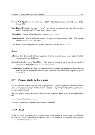 Capítulo 31. Como obter ajuda no sistema

373

Sybase-PHP-Apache Explica como usar o PHP + Apache para acesso a uma base de dados
Sybase-ASE.
Term-Firewall Métodos de usar o “term” para tornar os materiais de rede transparentes
através de um ﬁrewall TCP que parece não ser capaz.
Token-Ring Fazendo o Token Ring funcionar no GNU/Linux.
TransparentProxy Como conﬁgurar um servidor proxy transparente de cache HTTP usando
somente o GNU/Linux e o Squid.
VPN Ensina como conﬁgurar uma Virtual Protected Network no GNU/Linux.

Outros
Advocacy Este documento oferece sugestões de como a comunidade Linux pode defender
efetivamente o uso do Linux.
BogoMips Detalhes sobre BogoMips. Este texto foi criado a partir de vários arquivos
GNU/Linux no arquivo HOWTO/mini/BogoMips.
Commercial-Port-Advocacy Este documento discute métodos que podem ser usados como
aproximação de empresas comerciais para convence-las a portar seus programas para o
GNU/Linux.

31.9

Documentação de Programas

São documentos instalados junto com os programas. Alguns programas também trazem o
aviso de copyright, changelogs, modelos, scripts, exemplos e FAQs (perguntas freqüêntes) junto com a
documentação normal.
Seu princípio é o mesmo do How-to; documentar o programa. Estes arquivos estão localizados
em:
/usr/share/doc/[programa].
Programa é o nome do programa ou comando procurado.

31.10

FAQ

FAQ é um arquivo de perguntas e respostas mais freqüêntes sobre o programa. Normalmente
os arquivos de FAQ estão localizados junto com a documentação principal do programa em
/usr/share/doc/[programa].

 