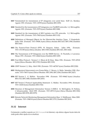 Capítulo 31. Como obter ajuda no sistema

377

0047 Nonstandard for transmission of IP datagrams over serial lines: SLIP. J.L. Romkey.
Agosto 1993. (Formato: TXT=12578 bytes) (Também RFC1055)
0048 Standard for the transmission of IP datagrams over NetBIOS networks. L.J. McLaughlin.
Agosto 1993. (Formato: TXT=5579 bytes) (Também RFC1088)
0049 Standard for the transmission of 802.2 packets over IPX networks. L.J. McLaughlin.
Agosto 1993. (Formato: TXT=7902 bytes) (Também RFC1132)
0050 Deﬁnitions of Managed Objects for the Ethernet-like Interface Types. F. Kastenholz.
Julho 1994. (Formato: TXT=39008, bytes) (Deixa obsoleto RFC1623, RFC1398) (Também
RFC1643)
0051 The Point-to-Point Protocol (PPP). W. Simpson, Editor. Julho 1994. (Formato:
TXT=151158 bytes) (Deixa obsoleto: RFC1549) (Também RFC1661, RFC1662)
0052 The Transmission of IP Datagrams over the SMDS Service. D. Piscitello, J. Lawrence.
Março 1991. (Formato: TXT=24662 bytes) (Também RFC1209)
0053 Post Ofﬁce Protocol - Version 3. J. Myers & M. Rose. Maio 1996. (Formato: TXT=47018
bytes) (Deixa Obsoleto: RFC1725) (Também RFC1939)
0054 OSPF Version 2. J. Moy. Abril 1998. (Formato: TXT=447367 bytes) (Também RFC2328)
0055 Multiprotocol Interconnect over Frame Relay. C. Brown, A. Malis. Setembro 1998. (Formato: TXT=74671 bytes) (Deixa Obsoleto: RFC1490, RFC1294) (Também RFC2427)
0056 RIP Version 2. G. Malkin. Novembro 1998. (Formato: TXT=98462 bytes) (Atualiza
RFC1723, RFC1388) (Também RFC2453)
0057 RIP Version 2 Protocol Applicability Statement. G. Malkin. Novembro 1994. (Formato:
TXT=10236 bytes) (Também RFC1722)
0058 Structure of Management Information Version 2 (SMIv2. K. McCloghrie, D. Perkins,
J. Schoenwaelder. Abril 1999. (Formato: TXT=89712 bytes) (Deixa Obsoleto RFC1902)
(Também RFC2578, RFC2579)
0059 Remote Network Monitoring Management Information Base. S. Waldbusser. Maio 2000.
(Formato: TXT=198676 bytes) (Deixa Obsoleto RFC1757) (Também RFC2819)

31.12

Internet

Certamente o melhor suporte ao GNU/Linux é via Internet, veja abaixo alguns locais úteis de
onde pode obter ajuda ou se atualizar.

 