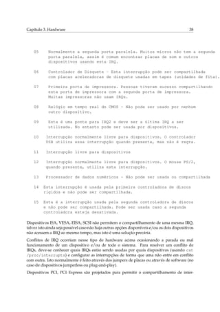 Capítulo 3. Hardware

38

05

Normalmente a segunda porta paralela. Muitos micros não tem a segunda
porta paralela, assim é comum encontrar placas de som e outros
dispositivos usando esta IRQ.

06

Controlador de Disquete - Esta interrupção pode ser compartilhada
com placas aceleradoras de disquete usadas em tapes (unidades de fita).

07

Primeira porta de impressora. Pessoas tiveram sucesso compartilhando
esta porta de impressora com a segunda porta de impressora.
Muitas impressoras não usam IRQs.

08

Relógio em tempo real do CMOS - Não pode ser usado por nenhum
outro dispositivo.

09

Esta é uma ponte para IRQ2 e deve ser a última IRQ a ser
utilizada. No entanto pode ser usada por dispositivos.

10

Interrupção normalmente livre para dispositivos. O controlador
USB utiliza essa interrupção quando presente, mas não é regra.

11

Interrupção livre para dispositivos

12

Interrupção normalmente livre para dispositivos. O mouse PS/2,
quando presente, utiliza esta interrupção.

13

Processador de dados numéricos - Não pode ser usada ou compartilhada

14

Esta interrupção é usada pela primeira controladora de discos
rígidos e não pode ser compartilhada.

15

Esta é a interrupção usada pela segunda controladora de discos
e não pode ser compartilhada. Pode ser usada caso a segunda
controladora esteja desativada.

Dispositivos ISA, VESA, EISA, SCSI não permitem o compartilhamento de uma mesma IRQ,
talvez isto ainda seja possível caso não haja outras opções disponíveis e/ou os dois dispositivos
não acessem a IRQ ao mesmo tempo, mas isto é uma solução precária.
Conﬂitos de IRQ ocorriam nesse tipo de hardware acima ocasionando a parada ou mal
funcionamento de um dispositivo e/ou de todo o sistema. Para resolver um conﬂito de
IRQs, deve-se conhecer quais IRQs estão sendo usadas por quais dispositivos (usando cat
/proc/interrupts) e conﬁgurar as interrupções de forma que uma não entre em conﬂito
com outra. Isto normalmente é feito através dos jumpers de placas ou através de software (no
caso de dispositivos jumperless ou plug-and-play).
Dispositivos PCI, PCI Express são projetados para permitir o compartilhamento de inter-

 