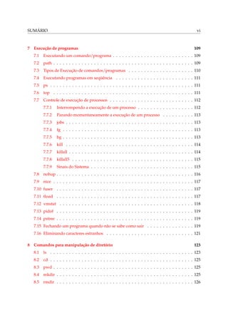 SUMÁRIO

7

vi

Execução de programas

109

7.1

Executando um comando/programa . . . . . . . . . . . . . . . . . . . . . . . . . . 109

7.2

path . . . . . . . . . . . . . . . . . . . . . . . . . . . . . . . . . . . . . . . . . . . . . 109

7.3

Tipos de Execução de comandos/programas . . . . . . . . . . . . . . . . . . . . . 110

7.4

Executando programas em seqüência . . . . . . . . . . . . . . . . . . . . . . . . . 111

7.5

ps . . . . . . . . . . . . . . . . . . . . . . . . . . . . . . . . . . . . . . . . . . . . . . 111

7.6

top . . . . . . . . . . . . . . . . . . . . . . . . . . . . . . . . . . . . . . . . . . . . . 111

7.7

Controle de execução de processos . . . . . . . . . . . . . . . . . . . . . . . . . . . 112
7.7.1

Interrompendo a execução de um processo . . . . . . . . . . . . . . . . . . 112

7.7.2

Parando momentaneamente a execução de um processo . . . . . . . . . . 113

7.7.3

jobs . . . . . . . . . . . . . . . . . . . . . . . . . . . . . . . . . . . . . . . . . 113

7.7.4

fg . . . . . . . . . . . . . . . . . . . . . . . . . . . . . . . . . . . . . . . . . . 113

7.7.5

bg . . . . . . . . . . . . . . . . . . . . . . . . . . . . . . . . . . . . . . . . . . 113

7.7.6

kill . . . . . . . . . . . . . . . . . . . . . . . . . . . . . . . . . . . . . . . . . 114

7.7.7

killall . . . . . . . . . . . . . . . . . . . . . . . . . . . . . . . . . . . . . . . . 114

7.7.8

killall5 . . . . . . . . . . . . . . . . . . . . . . . . . . . . . . . . . . . . . . . 115

7.7.9

Sinais do Sistema . . . . . . . . . . . . . . . . . . . . . . . . . . . . . . . . . 115

7.8

nohup . . . . . . . . . . . . . . . . . . . . . . . . . . . . . . . . . . . . . . . . . . . . 116

7.9

nice . . . . . . . . . . . . . . . . . . . . . . . . . . . . . . . . . . . . . . . . . . . . . 117

7.10 fuser . . . . . . . . . . . . . . . . . . . . . . . . . . . . . . . . . . . . . . . . . . . . 117
7.11 tload . . . . . . . . . . . . . . . . . . . . . . . . . . . . . . . . . . . . . . . . . . . . 117
7.12 vmstat . . . . . . . . . . . . . . . . . . . . . . . . . . . . . . . . . . . . . . . . . . . 118
7.13 pidof . . . . . . . . . . . . . . . . . . . . . . . . . . . . . . . . . . . . . . . . . . . . 119
7.14 pstree . . . . . . . . . . . . . . . . . . . . . . . . . . . . . . . . . . . . . . . . . . . . 119
7.15 Fechando um programa quando não se sabe como sair . . . . . . . . . . . . . . . 119
7.16 Eliminando caracteres estranhos . . . . . . . . . . . . . . . . . . . . . . . . . . . . 121
8

Comandos para manipulação de diretório

123

8.1

ls . . . . . . . . . . . . . . . . . . . . . . . . . . . . . . . . . . . . . . . . . . . . . . 123

8.2

cd . . . . . . . . . . . . . . . . . . . . . . . . . . . . . . . . . . . . . . . . . . . . . . 125

8.3

pwd . . . . . . . . . . . . . . . . . . . . . . . . . . . . . . . . . . . . . . . . . . . . . 125

8.4

mkdir . . . . . . . . . . . . . . . . . . . . . . . . . . . . . . . . . . . . . . . . . . . . 125

8.5

rmdir . . . . . . . . . . . . . . . . . . . . . . . . . . . . . . . . . . . . . . . . . . . . 126

 