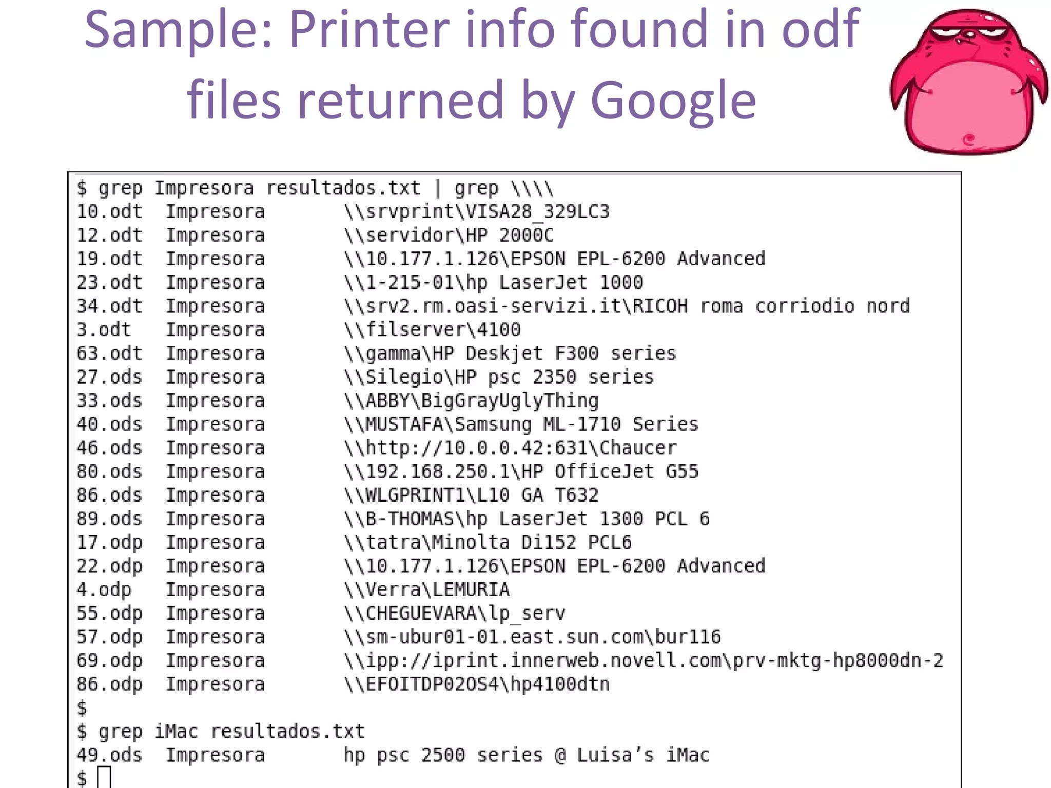 Sample: Printer info found in odf files returned by Google 