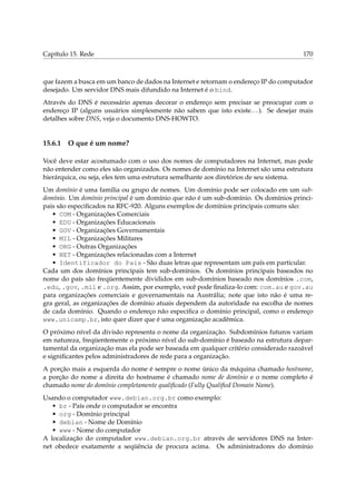 Capítulo 15. Rede 170
que fazem a busca em um banco de dados na Internet e retornam o endereço IP do computador
desejado. Um servidor DNS mais difundido na Internet é o bind.
Através do DNS é necessário apenas decorar o endereço sem precisar se preocupar com o
endereço IP (alguns usuários simplesmente não sabem que isto existe...). Se desejar mais
detalhes sobre DNS, veja o documento DNS-HOWTO.
15.6.1 O que é um nome?
Você deve estar acostumado com o uso dos nomes de computadores na Internet, mas pode
não entender como eles são organizados. Os nomes de domínio na Internet são uma estrutura
hierárquica, ou seja, eles tem uma estrutura semelhante aos diretórios de seu sistema.
Um domínio é uma família ou grupo de nomes. Um domínio pode ser colocado em um sub-
domínio. Um domínio principal é um domínio que não é um sub-domínio. Os domínios princi-
pais são especiﬁcados na RFC-920. Alguns exemplos de domínios principais comuns são:
• COM - Organizações Comerciais
• EDU - Organizações Educacionais
• GOV - Organizações Governamentais
• MIL - Organizações Militares
• ORG - Outras Organizações
• NET - Organizações relacionadas com a Internet
• Identificador do País - São duas letras que representam um país em particular.
Cada um dos domínios principais tem sub-domínios. Os domínios principais baseados no
nome do país são freqüentemente divididos em sub-domínios baseado nos domínios .com,
.edu, .gov, .mil e .org. Assim, por exemplo, você pode ﬁnaliza-lo com: com.au e gov.au
para organizações comerciais e governamentais na Austrália; note que isto não é uma re-
gra geral, as organizações de domínio atuais dependem da autoridade na escolha de nomes
de cada domínio. Quando o endereço não especiﬁca o domínio principal, como o endereço
www.unicamp.br, isto quer dizer que é uma organização acadêmica.
O próximo nível da divisão representa o nome da organização. Subdomínios futuros variam
em natureza, freqüentemente o próximo nível do sub-domínio é baseado na estrutura depar-
tamental da organização mas ela pode ser baseada em qualquer critério considerado razoável
e signiﬁcantes pelos administradores de rede para a organização.
A porção mais a esquerda do nome é sempre o nome único da máquina chamado hostname,
a porção do nome a direita do hostname é chamado nome de domínio e o nome completo é
chamado nome do domínio completamente qualiﬁcado (Fully Qualiﬁed Domain Name).
Usando o computador www.debian.org.br como exemplo:
• br - País onde o computador se encontra
• org - Domínio principal
• debian - Nome de Domínio
• www - Nome do computador
A localização do computador www.debian.org.br através de servidores DNS na Inter-
net obedece exatamente a seqüência de procura acima. Os administradores do domínio
 
