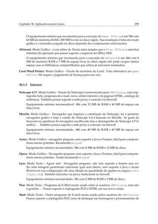 Capítulo 30. Aplicativos para Linux 299
O equipamento mínimo que recomendo para a execução do Open Office é um 586 com
64 MB de memória RAM e 200 MB Livres no disco rígido. Sua instalação é feita em modo
gráﬁco e o tamanho ocupado no disco depende dos componentes selecionados.
Abiword Modo Gráﬁco - é um editor de Textos mais simples que o Star Office e uma boa
interface de operação que possui suporte a arquivos do Ofﬁce 2000.
O equipamento mínimo que recomendo para a execução do Abiword é um 486 com 8
MB de memória RAM e 7 MB de espaço livre no disco rígido (ele pode ocupar menos
espaço caso as bibliotecas compartilhados que utiliza já estiverem instaladas).
Corel Word Perfect Modo Gráﬁco - Pacote de escritório da Corel. Uma alternativa ao Open
Office. Ele requer o pagamento de licenças para seu uso.
30.1.3 Internet
Netscape 4.73 Modo Gráﬁco - Versão do Netscape Communicator para GNU/Linux, com crip-
tograﬁa forte, programa de e-mail, news, editor interativo de páginas HTML, catálogo de
endereços. Também possui suporte a rede proxy e conexão via ﬁrewall.
Equipamento mínimo recomendável: 486 com 32 MB de RAM e 40 MB de espaço em
disco livre.
Mozilla Modo Gráﬁco - Navegador que inspirou a construção do Netscape, foi o primeiro
navegador gráﬁco e hoje a versão do Netscape 6.0 é baseada no Mozilla. Se gosta de
frescuras na aparência do navegador escolha este mas o desempenho do Netscape 4.73 é
melhor... Também possui suporte a rede proxy e conexão via ﬁrewall
Equipamento mínimo recomendado: 486 com 48 MB de RAM e 40 MB de espaço em
disco livre.
Arena Modo Gráﬁco - navegador pequeno, sem suporte a Java e Frames, ideal para computa-
dores menos potentes. Recomendo o Lynx!
Equipamento mínimo recomendado: 386 com 8 MB de RAM e 12 MB de disco
Opera Modo Gráﬁco - Navegador pequeno, sem suporte a Java e Frames, ideal para computa-
dores menos potentes. Ainda recomendo o Lynx!
Lynx Modo Texto - Agora sim! Navegador pequeno, não tem suporte a frames mas ex-
ibe uma listagem permitindo selecionar qual será aberto, sem suporte a Java e muito
ﬂexível em sua conﬁguração (dê uma olhada na quantidade de opções no arquivo /etc
/lynx.cfg). Também funciona via proxy tradicional ou ﬁrewall.
Equipamento mínimo recomendado: 386 com 2 MB de RAM e 2 MB de disco.
Pine Modo Texto - Programa de E-Mail muito usado entre os usuários GNU/Linux, mas não
é gratuito... Possui suporte a criptograﬁa PGP e HTML em sua nova versão.
Mutt Modo Texto - Outro programa de E-mail muito usado pelos usuários do GNU/Linux.
Possui suporte a criptograﬁa PGP, cores de destaque nas mensagens e processamento de
 