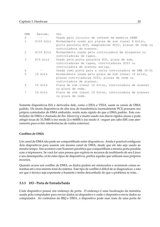 Capítulo 3. Hardware 20
DMA Barram. Uso
0 - Usada pelo circuito de refresh da memória DRAM
1 8/16 bits Normalmente usado por placas de som (canal 8 bits),
porta paralela ECP, adaptadoras SCSI, placas de rede ou
controladora de scanner.
2 8/16 bits Normalmente usado pela controladora de disquetes ou
controladoras de tapes.
3 8/6 bits Usado pela porta paralela ECP, placa de som,
controladoras de tapes, controladoras SCSI ou
controladora de scanner antiga.
4 - Usada como ponte para a outra controladora de DMA (0-3)
5 16 bits Normalmente usada pela placa de som (canal 16 bits),
placas controladoras SCSI, placas de rede ou
controladora de scanner.
6 16 bits Placa de som (canal 16 bits), controladora de scanner
ou placa de rede.
7 16 bits Placa de som (canal 16 bits), controladora de scanner
ou placa de rede.
Somente dispositivos ISA e derivados dele, como o EISA e VESA, usam os canais de DMA
padrão. Os atuais dispositivos de alta taxa de transferência (normalmente PCI) possuem seu
próprio controlador de DMA embutido, muito mais rápido do que a DMA padrão. Este con-
trolador de DMA é chamado de Bus Mastering e muito usado nos discos rígidos atuais e pode
atingir taxas de 33,3MB/s (no modo 2) e 66MB/s (no modo 4 - requer um cabo IDE com ater-
ramento para evitar interferências de ruídos externos).
Conﬂitos de DMA
Um canal de DMA não pode ser compartilhado entre dispositivos. Ainda é possível conﬁgurar
dois dispositivos para usarem um mesmo canal de DMA, desde que ele não seja usado ao
mesmo tempo. Isto acontece com Scanners paralelos que compartilham a mesma porta paralela
com a impressora. Se você for uma pessoa que explora os recursos de multitarefa de seu Linux
e seu desempenho, evite estes tipos de dispositivos, preﬁra aqueles que utilizam seus próprios
recursos.
Quando ocorre um conﬂito de DMA, os dados podem ser misturados e ocorrerem coisas es-
tranhas até o travamento total do sistema. Este tipo de conﬂito é difícil de se diagnosticar, a não
ser que o técnico seja experiente o bastante e tenha desconﬁado do que o problema se trata...
3.3.3 I/O - Porta de Entrada/Saída
Cada dispositivo possui um endereço de porta. O endereço é uma localização da memória
usada pelo computador para enviar dados ao dispositivo e onde o dispositivo envia dados ao
computador. Ao contrários da IRQ e DMA, o dispositivo pode usar mais de uma porta de
 