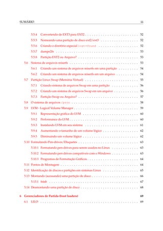 SUMÁRIO iii
5.5.4 Convertendo de EXT3 para EXT2 . . . . . . . . . . . . . . . . . . . . . . . . 52
5.5.5 Nomeando uma partição de disco ext2/ext3 . . . . . . . . . . . . . . . . . 52
5.5.6 Criando o diretório especial lost+found . . . . . . . . . . . . . . . . . . 52
5.5.7 dumpe2fs . . . . . . . . . . . . . . . . . . . . . . . . . . . . . . . . . . . . . 53
5.5.8 Partição EXT2 ou Arquivo? . . . . . . . . . . . . . . . . . . . . . . . . . . . 53
5.6 Sistema de arquivos reiserfs . . . . . . . . . . . . . . . . . . . . . . . . . . . . . . . 53
5.6.1 Criando um sistema de arquivos reiserfs em uma partição . . . . . . . . . 54
5.6.2 Criando um sistema de arquivos reiserfs em um arquivo . . . . . . . . . . 54
5.7 Partição Linux Swap (Memória Virtual) . . . . . . . . . . . . . . . . . . . . . . . . 55
5.7.1 Criando sistema de arquivos Swap em uma partição . . . . . . . . . . . . 56
5.7.2 Criando um sistema de arquivos Swap em um arquivo . . . . . . . . . . . 56
5.7.3 Partição Swap ou Arquivo? . . . . . . . . . . . . . . . . . . . . . . . . . . . 57
5.8 O sistema de arquivos /proc . . . . . . . . . . . . . . . . . . . . . . . . . . . . . . 58
5.9 LVM - Logical Volume Manager . . . . . . . . . . . . . . . . . . . . . . . . . . . . . 59
5.9.1 Representação gráﬁca do LVM . . . . . . . . . . . . . . . . . . . . . . . . . 60
5.9.2 Performance do LVM . . . . . . . . . . . . . . . . . . . . . . . . . . . . . . . 60
5.9.3 Instalando LVM em seu sistema . . . . . . . . . . . . . . . . . . . . . . . . 61
5.9.4 Aumentando o tamanho de um volume lógico . . . . . . . . . . . . . . . . 62
5.9.5 Diminuindo um volume lógico . . . . . . . . . . . . . . . . . . . . . . . . . 62
5.10 Formatando Pen-drives/Disquetes . . . . . . . . . . . . . . . . . . . . . . . . . . . 63
5.10.1 Formatando pen-drives para serem usados no Linux . . . . . . . . . . . . 63
5.10.2 Formatando pen-drives compatíveis com o Windows . . . . . . . . . . . . 63
5.10.3 Programas de Formatação Gráﬁcos . . . . . . . . . . . . . . . . . . . . . . . 64
5.11 Pontos de Montagem . . . . . . . . . . . . . . . . . . . . . . . . . . . . . . . . . . . 64
5.12 Identiﬁcação de discos e partições em sistemas Linux . . . . . . . . . . . . . . . . 65
5.13 Montando (acessando) uma partição de disco . . . . . . . . . . . . . . . . . . . . . 66
5.13.1 fstab . . . . . . . . . . . . . . . . . . . . . . . . . . . . . . . . . . . . . . . . 67
5.14 Desmontando uma partição de disco . . . . . . . . . . . . . . . . . . . . . . . . . . 68
6 Gerenciadores de Partida (boot loaders) 69
6.1 LILO . . . . . . . . . . . . . . . . . . . . . . . . . . . . . . . . . . . . . . . . . . . . 69
 
