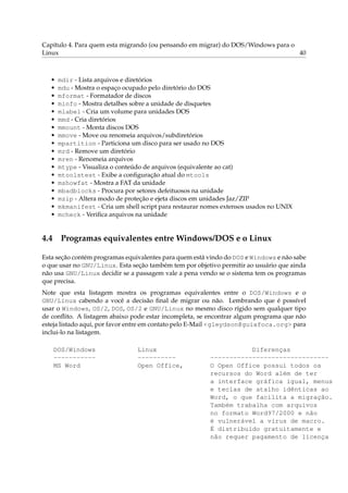 Capítulo 4. Para quem esta migrando (ou pensando em migrar) do DOS/Windows para o
Linux 40
• mdir - Lista arquivos e diretórios
• mdu - Mostra o espaço ocupado pelo diretório do DOS
• mformat - Formatador de discos
• minfo - Mostra detalhes sobre a unidade de disquetes
• mlabel - Cria um volume para unidades DOS
• mmd - Cria diretórios
• mmount - Monta discos DOS
• mmove - Move ou renomeia arquivos/subdiretórios
• mpartition - Particiona um disco para ser usado no DOS
• mrd - Remove um diretório
• mren - Renomeia arquivos
• mtype - Visualiza o conteúdo de arquivos (equivalente ao cat)
• mtoolstest - Exibe a conﬁguração atual do mtools
• mshowfat - Mostra a FAT da unidade
• mbadblocks - Procura por setores defeituosos na unidade
• mzip - Altera modo de proteção e ejeta discos em unidades Jaz/ZIP
• mkmanifest - Cria um shell script para restaurar nomes extensos usados no UNIX
• mcheck - Veriﬁca arquivos na unidade
4.4 Programas equivalentes entre Windows/DOS e o Linux
Esta seção contém programas equivalentes para quem está vindo do DOS e Windows e não sabe
o que usar no GNU/Linux. Esta seção também tem por objetivo permitir ao usuário que ainda
não usa GNU/Linux decidir se a passagem vale a pena vendo se o sistema tem os programas
que precisa.
Note que esta listagem mostra os programas equivalentes entre o DOS/Windows e o
GNU/Linux cabendo a você a decisão ﬁnal de migrar ou não. Lembrando que é possível
usar o Windows, OS/2, DOS, OS/2 e GNU/Linux no mesmo disco rígido sem qualquer tipo
de conﬂito. A listagem abaixo pode estar incompleta, se encontrar algum programa que não
esteja listado aqui, por favor entre em contato pelo E-Mail <gleydson@guiafoca.org> para
inclui-lo na listagem.
DOS/Windows Linux Diferenças
----------- ---------- -------------------------------
MS Word Open Office, O Open Office possui todos os
recursos do Word além de ter
a interface gráfica igual, menus
e teclas de atalho idênticas ao
Word, o que facilita a migração.
Também trabalha com arquivos
no formato Word97/2000 e não
é vulnerável a vírus de macro.
É distribuído gratuitamente e
não requer pagamento de licença
 
