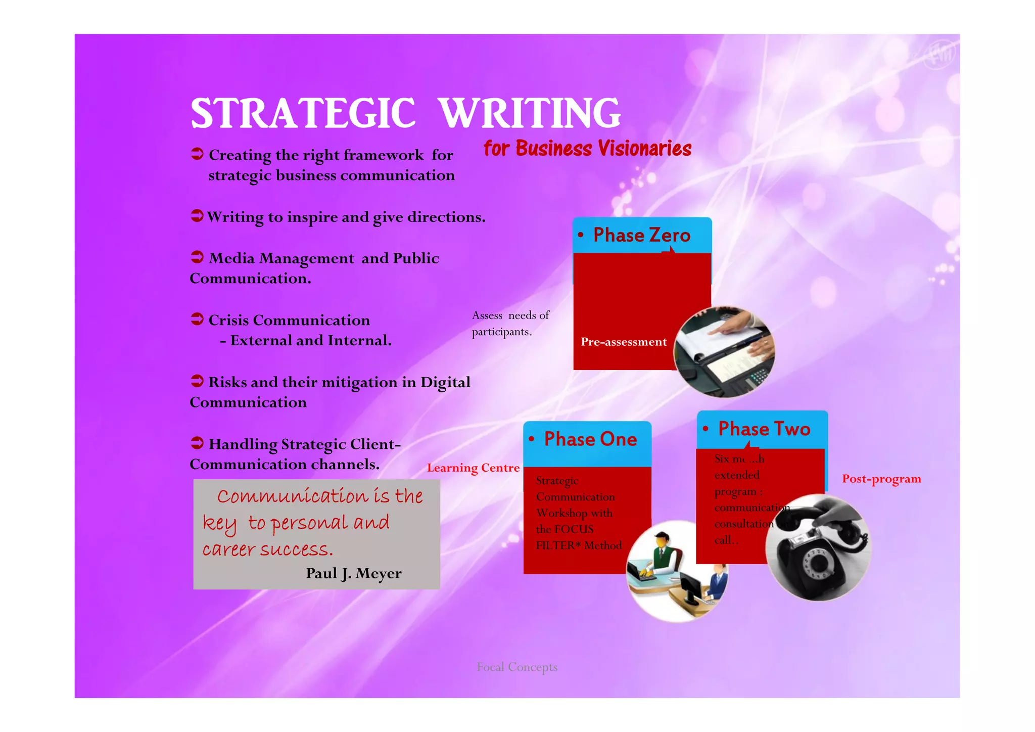 STRATEGIC WRITING
 Creating the right framework for
strategic business communication

for Business Visionaries

Writing to inspire and give directions.

• Phase Zero

 Media Management and Public
Communication.
Assess needs of
participants.

 Crisis Communication
- External and Internal.

Pre-assessment

 Risks and their mitigation in Digital
Communication
 Handling Strategic ClientCommunication channels.

Communication is the
key to personal and
career success.

• Phase One
Learning Centre

Strategic
Communication
Workshop with
the FOCUS
FILTER* Method

Paul J. Meyer

Focal Concepts

• Phase Two
Six month
extended
program :
communication
consultation on
call..

Post-program

 