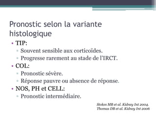 Pronostic selon la variante
histologique
• TIP:
  ▫ Souvent sensible aux corticoïdes.
  ▫ Progresse rarement au stade de l’IRCT.
• COL:
  ▫ Pronostic sévère.
  ▫ Réponse pauvre ou absence de réponse.
• NOS, PH et CELL:
  ▫ Pronostic intermédiaire.
                                 Stokes MB et al. Kidney Int 2004.
                                 Thomas DB et al. Kidney Int 2006
 