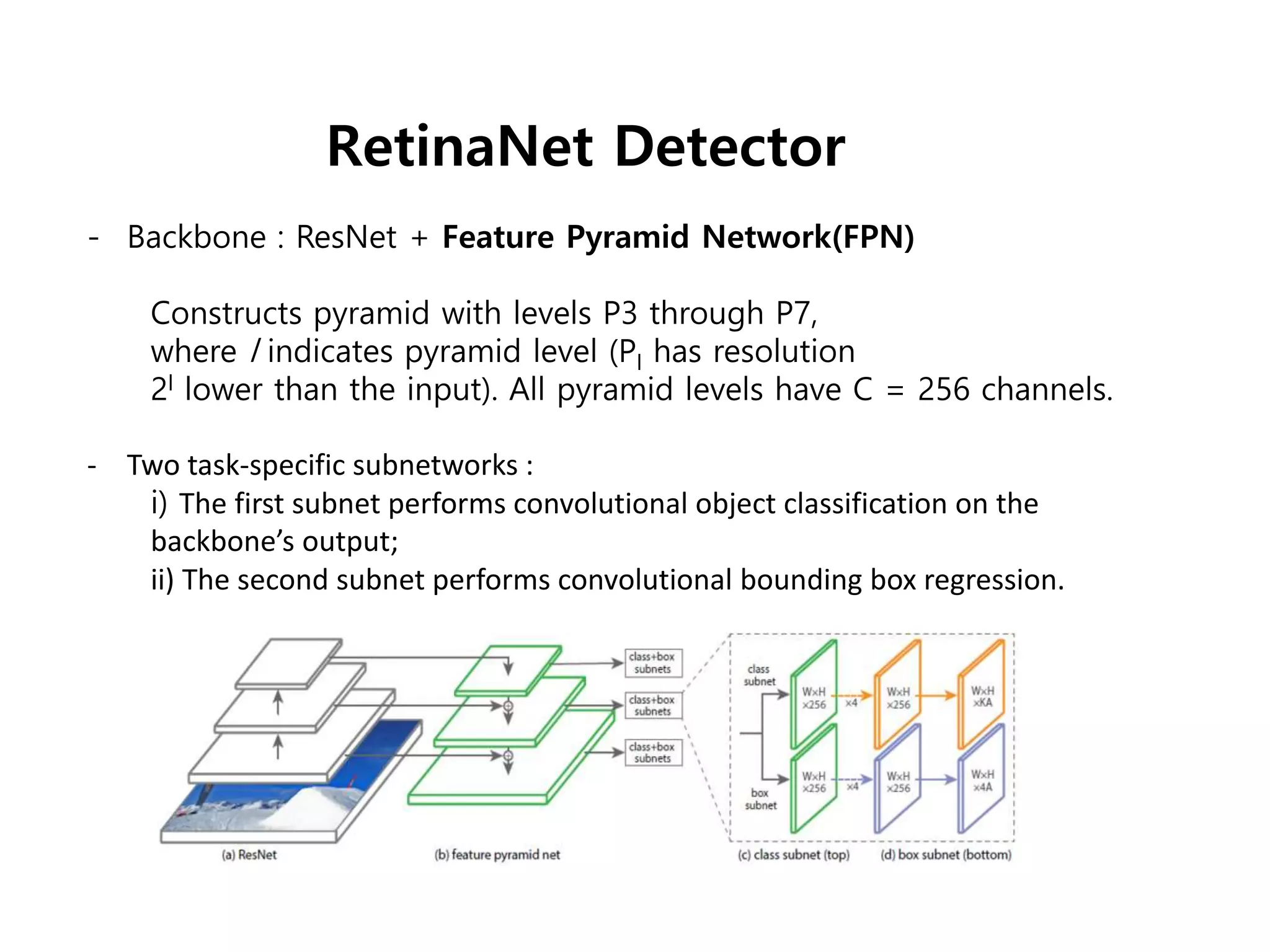 RetinaNet Detector
- Backbone : ResNet + Feature Pyramid Network(FPN)
Constructs pyramid with levels P3 through P7,
where l indicates pyramid level (Pl has resolution
2l lower than the input). All pyramid levels have C = 256 channels.
- Two task-specific subnetworks :
i) The first subnet performs convolutional object classification on the
backbone’s output;
ii) The second subnet performs convolutional bounding box regression.
 