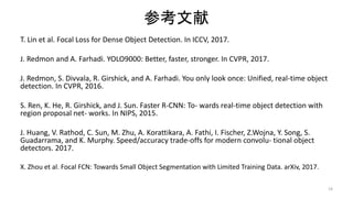 参考文献
T. Lin et al. Focal Loss for Dense Object Detection. In ICCV, 2017.
J. Redmon and A. Farhadi. YOLO9000: Better, faster, stronger. In CVPR, 2017.
J. Redmon, S. Divvala, R. Girshick, and A. Farhadi. You only look once: Unified, real-time object
detection. In CVPR, 2016.
S. Ren, K. He, R. Girshick, and J. Sun. Faster R-CNN: To- wards real-time object detection with
region proposal net- works. In NIPS, 2015.
J. Huang, V. Rathod, C. Sun, M. Zhu, A. Korattikara, A. Fathi, I. Fischer, Z.Wojna, Y. Song, S.
Guadarrama, and K. Murphy. Speed/accuracy trade-offs for modern convolu- tional object
detectors. 2017.
X. Zhou et al. Focal FCN: Towards Small Object Segmentation with Limited Training Data. arXiv, 2017.
19
 