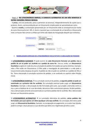 6
WWW.FOCANORESUMO.COM
MARTINA CORREIA
- Regra 3: NO LITISCONSÓRCIO SIMPLES, A CONDUTA ALTERNATIVA DE UM NÃO BENEFICIA O
OUTRO. EXCEÇÕES: PROVA E REVELIA.
- A prova, uma vez produzida, passa a pertencer ao processo, independentemente do sujeito que a
produziu. Assim, a prova produzida por um litisconsorte simples pode ser aproveitada por outro.
- Quanto à revelia, a contestação apresentada por um litisconsorte elide as consequências da revelia
do outro litisconsorte (art. 345, I). Assim, é possível que a contestação de um beneficie o litisconsorte
revel, se houver fato comum a ambos que tenha sido objeto da impugnação daquele que contestou.
 MODALIDADES ESPECIAIS DE LITISCONSÓRCIO FACULTATIVO E CUMULAÇÃO DE PEDIDOS
1) LITISCONSÓRCIO SUCESSIVO  pode ocorrer de cada litisconsorte formular um pedido, mas o
pedido de um só poder ser acolhido se o pedido do outro for. Tem-se, então, um litisconsórcio
facultativo surgido em razão de uma cumulação de pedidos formulados por partes distintas. Exemplo:
mãe e filho estão em litisconsórcio. O filho pede a investigação de paternidade e a mãe pede o
ressarcimento pelas despesas do parto. O pedido da mãe só pode ser acolhido se o pedido do filho o
for. Tema relacionado à cumulação sucessiva de pedidos, a ser analisada no capítulo sobre Petição
Inicial.
2) LITISCONSÓRCIO EVENTUAL  na cumulação eventual de pedidos, o segundo pedido só pode ser
examinado se o primeiro não for acolhido. Da cumulação eventual pode surgir um litisconsórcio
facultativo. Exemplo: a denunciação da lide formulada pelo autor, que propõe a demanda contra o
réu e, para a hipótese de vir a ser derrotado, denuncia a lide a uma terceira pessoa. Há dois pedidos,
mas a denunciação somente será examinada se o primeiro pedido não for acolhido. Réu e denunciado
formam um litisconsórcio passivo.
3) LITISCONSÓRCIO ALTERNATIVO  na cumulação alternativa de pedidos, vários pedidos são
formulados para que apenas um deles (qualquer um) seja acolhido. Da cumulação alternativa pode
surgir um litisconsórcio facultativo. Exemplo: na consignação em pagamento, se o autor tiver dúvida,
poderá se dirigir a duas pessoas e o juiz decidirá qual deles era o legitimado perante o autor.
 