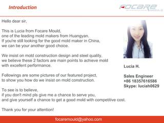Introduction
focaremould@yahoo.com
Hello dear sir,
This is Lucia from Focare Mould,
one of the leading mold makers from Huangyan.
If you're still looking for the good mold maker in China,
we can be your another good choice.
We insist on mold construction design and steel quality,
we believe these 2 factors are main points to achieve mold
with excellent performance.
Followings are some pictures of our featured project,
to show you how do we insist on mold construction.
To see is to believe,
if you don't mind pls give me a chance to serve you,
and give yourself a chance to get a good mold with competitive cost.
Thank you for your attention!
Lucia H.
Sales Engineer
+86 18357616586
Skype: luciah0629
 