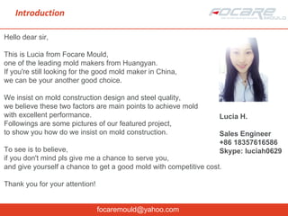 Introduction
focaremould@yahoo.com
Hello dear sir,
This is Lucia from Focare Mould,
one of the leading mold makers from Huangyan.
If you're still looking for the good mold maker in China,
we can be your another good choice.
We insist on mold construction design and steel quality,
we believe these two factors are main points to achieve mold
with excellent performance.
Followings are some pictures of our featured project,
to show you how do we insist on mold construction.
To see is to believe,
if you don't mind pls give me a chance to serve you,
and give yourself a chance to get a good mold with competitive cost.
Thank you for your attention!
Lucia H.
Sales Engineer
+86 18357616586
Skype: luciah0629
 