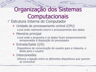 Organização dos Sistemas Computacionais Estrutura Interna do Computador Unidade de processamento central (CPU) Local onde realmente ocorre o processamento dos dados Memória principal Local onde o programa e os dados ficam temporariamente armazenados à disposição do processador Entrada/Saída (I/O) Dispositivos de comunicação do usuário para a máquina, e desta para o usuário Interconexões Oferece a ligação entre os diferentes dispositivos que querem se comunicar 