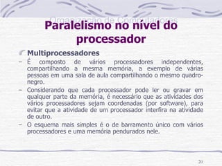 Paralelismo no nível do processador Multiprocessadores É composto de vários processadores independentes, compartilhando a mesma memória, a exemplo de várias pessoas em uma sala de aula compartilhando o mesmo quadro-negro. Considerando que cada processador pode ler ou gravar em qualquer parte da memória, é necessário que as atividades dos vários processadores sejam coordenadas (por software), para evitar que a atividade de um processador interfira na atividade de outro. O esquema mais simples é o de barramento único com vários processadores e uma memória pendurados nele. 